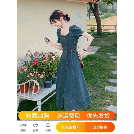 BY17181# 港风复古牛仔连衣裙女夏季新款薄款气质方领别致收腰显瘦长裙