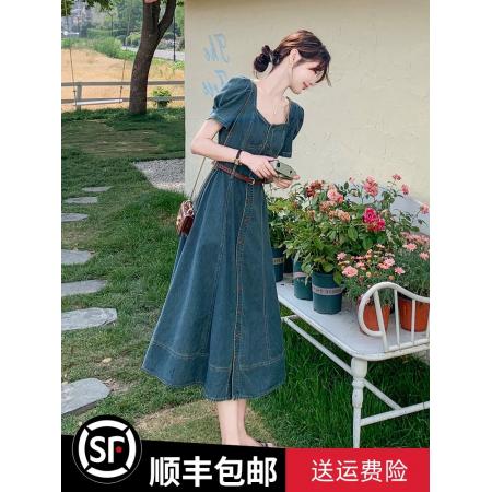 BY17181# 港风复古牛仔连衣裙女夏季新款薄款气质方领别致收腰显瘦长裙
