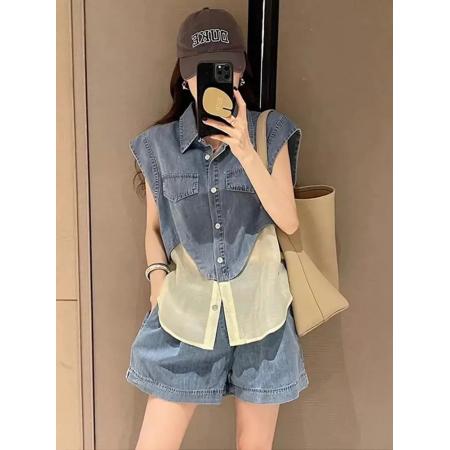 BY17182# 夏季穿搭一整套新款减龄洋气牛仔拼接无袖搭配休闲短裤两件套