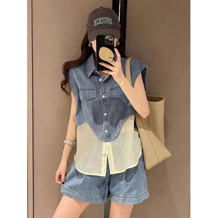 BY17182# 夏季穿搭一整套新款减龄洋气牛仔拼接无袖搭配休闲短裤两件套