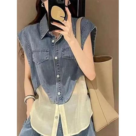 BY17182# 夏季穿搭一整套新款减龄洋气牛仔拼接无袖搭配休闲短裤两件套