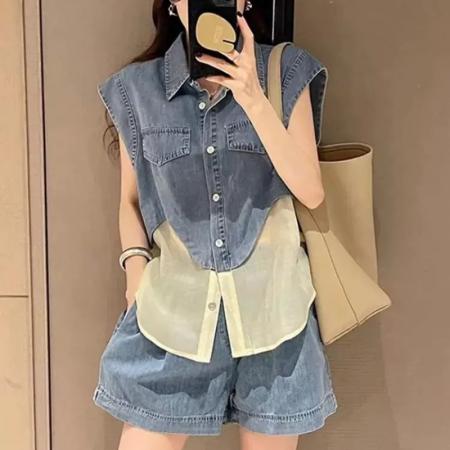 BY17182# 夏季穿搭一整套新款减龄洋气牛仔拼接无袖搭配休闲短裤两件套