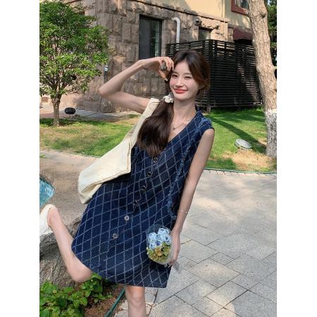 BY17183# 设计感格子无袖背心连衣裙女夏季新款小个子休闲显瘦气质裙子