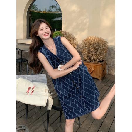 BY17183# 设计感格子无袖背心连衣裙女夏季新款小个子休闲显瘦气质裙子
