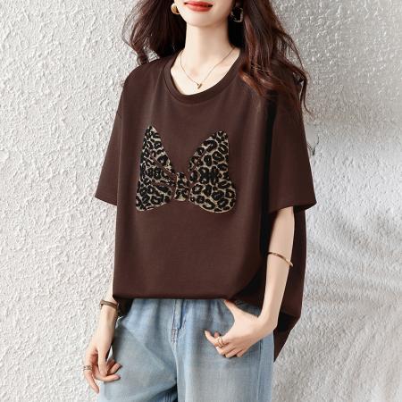 BY17184# 时尚蝴蝶结印花短袖T恤女夏季新款女装欧货大码上衣潮