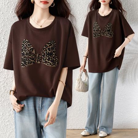 BY17184# 时尚蝴蝶结印花短袖T恤女夏季新款女装欧货大码上衣潮