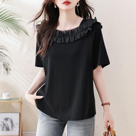 BY17185# 气质花瓣领黑色短袖T恤女夏季欧洲站大码女装新款上衣