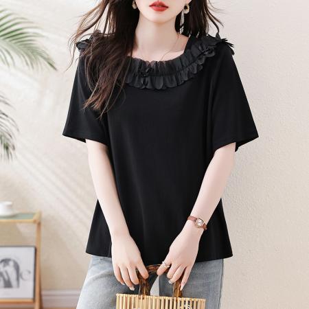 BY17185# 气质花瓣领黑色短袖T恤女夏季欧洲站大码女装新款上衣