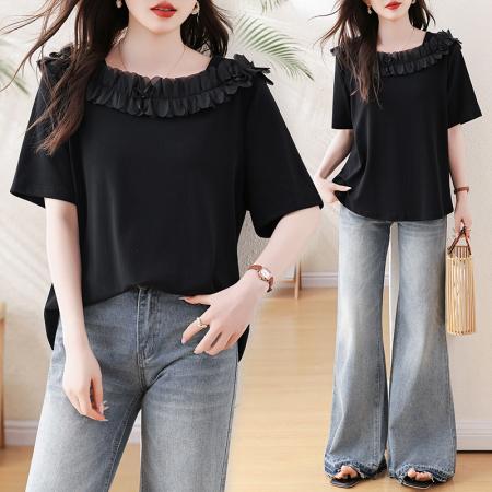 BY17185# 气质花瓣领黑色短袖T恤女夏季欧洲站大码女装新款上衣