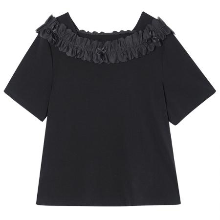 BY17185# 气质花瓣领黑色短袖T恤女夏季欧洲站大码女装新款上衣