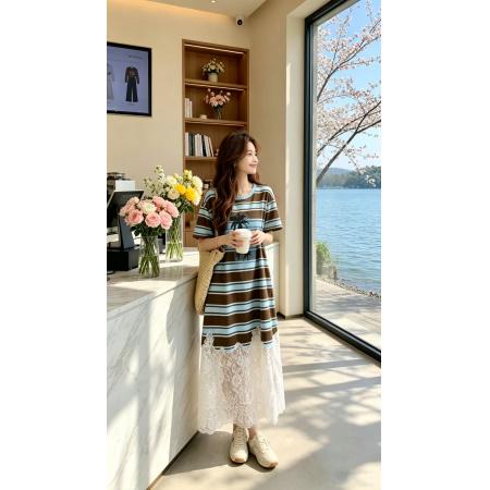 BY17192# 新款蕾丝拼接蓝色条纹连衣裙休闲流行爆款假两件针织连衣裙