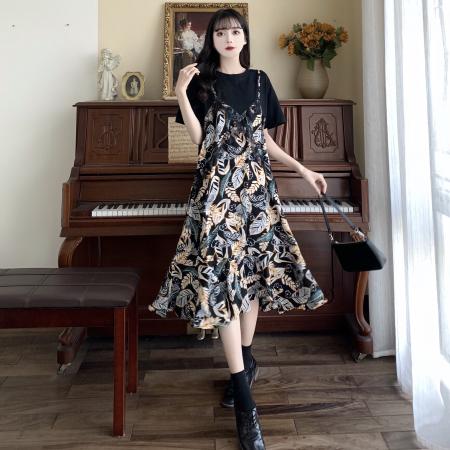 BY17193# 胖mm假两件连衣裙大码女装夏季新款韩版宽松显瘦遮肚子雪纺裙