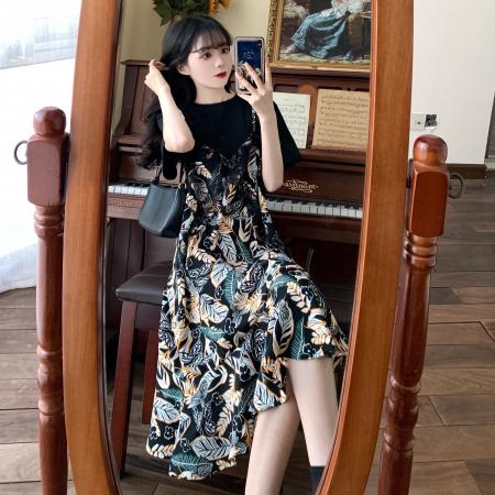 BY17193# 胖mm假两件连衣裙大码女装夏季新款韩版宽松显瘦遮肚子雪纺裙