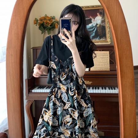 BY17193# 胖mm假两件连衣裙大码女装夏季新款韩版宽松显瘦遮肚子雪纺裙