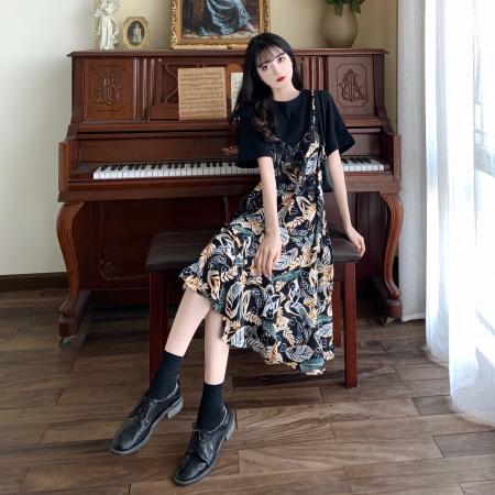 BY17193# 胖mm假两件连衣裙大码女装夏季新款韩版宽松显瘦遮肚子雪纺裙