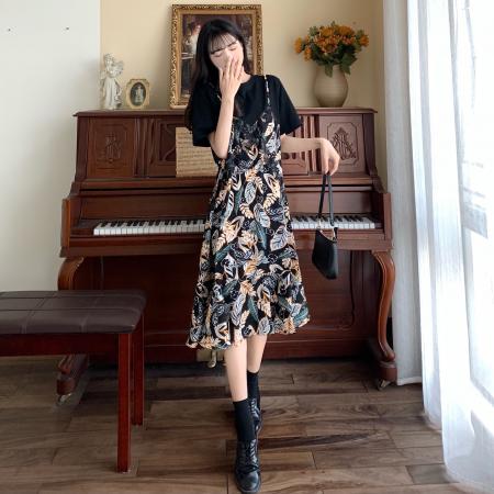 BY17193# 胖mm假两件连衣裙大码女装夏季新款韩版宽松显瘦遮肚子雪纺裙