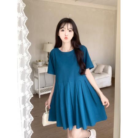 BY17194# 法式复古百褶裙子夏季新款大码胖妹妹mm显瘦减龄短袖连衣裙女