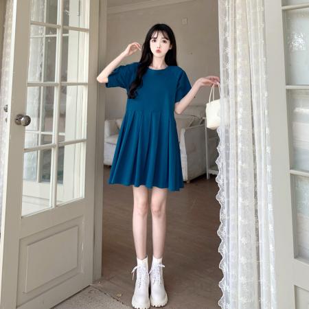 BY17194# 法式复古百褶裙子夏季新款大码胖妹妹mm显瘦减龄短袖连衣裙女