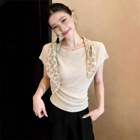 BY17200# 夏季新款韩系简约气质一字领小飞袖设计感短袖针织衫百搭显瘦上衣
