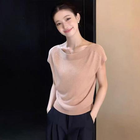 BY17200# 夏季新款韩系简约气质一字领小飞袖设计感短袖针织衫百搭显瘦上衣
