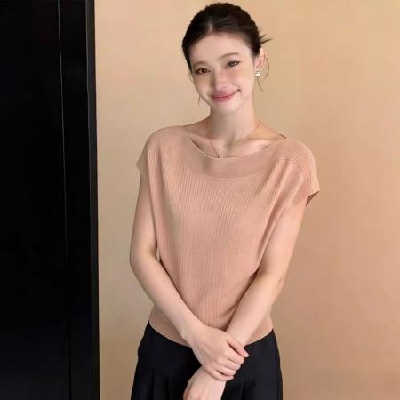 BY17200# 夏季新款韩系简约气质一字领小飞袖设计感短袖针织衫百搭显瘦上衣