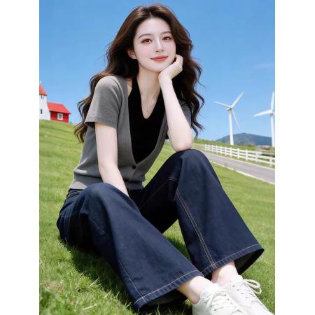 BY17201# 设计感假两件挂脖针织衫女夏季新款洋气独特漂亮巨好看上衣