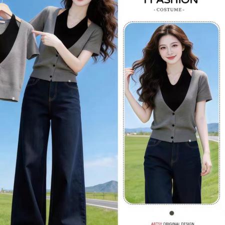 BY17201# 设计感假两件挂脖针织衫女夏季新款洋气独特漂亮巨好看上衣