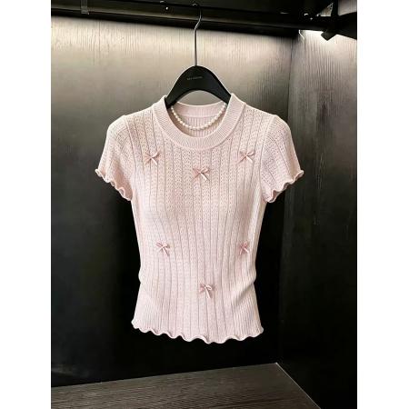 BY17203# 甜美风蝴蝶结修身显瘦粉色冰丝针织衫短袖上衣chic