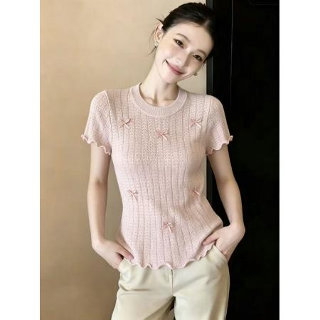 BY17203# 甜美风蝴蝶结修身显瘦粉色冰丝针织衫短袖上衣chic