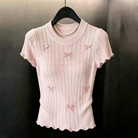BY17203# 甜美风蝴蝶结修身显瘦粉色冰丝针织衫短袖上衣chic