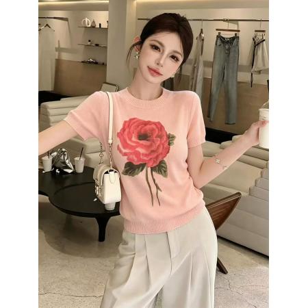 BY17204# 粉色玫瑰花朵设计圆领针织衫短袖女夏小个子修身显瘦减龄上衣