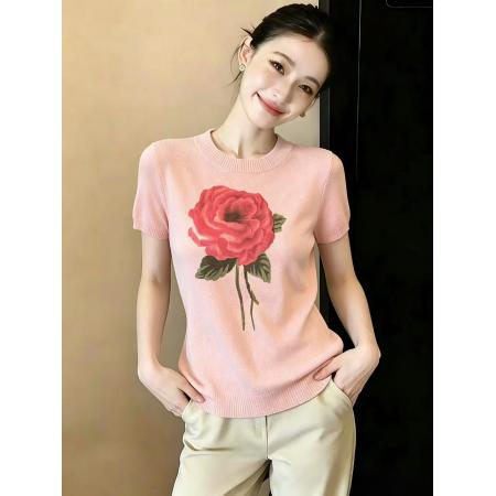 BY17204# 粉色玫瑰花朵设计圆领针织衫短袖女夏小个子修身显瘦减龄上衣