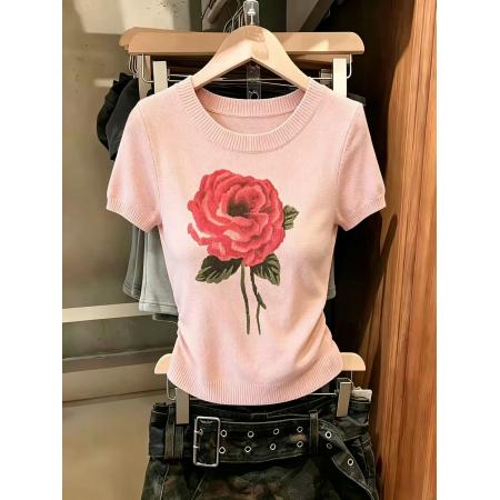 BY17204# 粉色玫瑰花朵设计圆领针织衫短袖女夏小个子修身显瘦减龄上衣