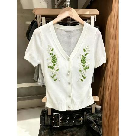 BY17205# 法式短款v领绣花针织开衫夏洋气甜美减龄收腰修身短袖t恤上衣