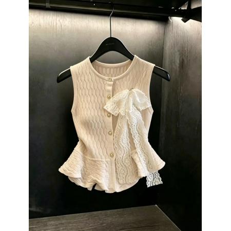 BY17208# 韩系chic蕾丝蝴蝶结荷叶边针织衫女设计感独特漂亮小上衣