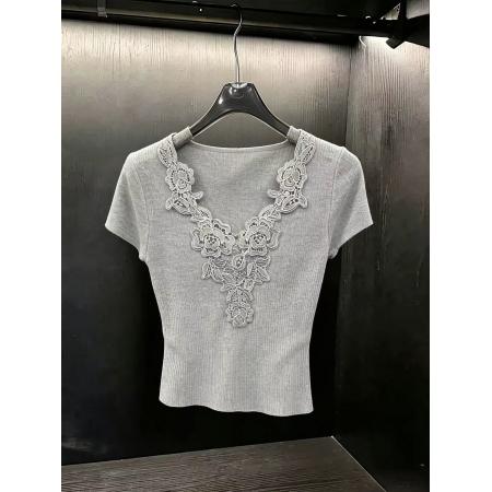 BY17209# 美拉德法式甜美风花边拼接短袖针织小衫女上衣chic