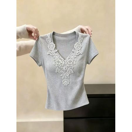 BY17209# 美拉德法式甜美风花边拼接短袖针织小衫女上衣chic