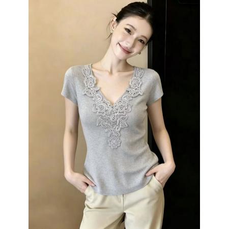 BY17209# 美拉德法式甜美风花边拼接短袖针织小衫女上衣chic