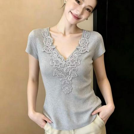 BY17209# 美拉德法式甜美风花边拼接短袖针织小衫女上衣chic