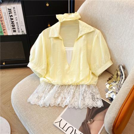 BY17210# 夏季韩版时尚气质宽松型设计感假两件套蕾丝拼接下摆带头花