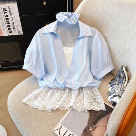 BY17210# 夏季韩版时尚气质宽松型设计感假两件套蕾丝拼接下摆带头花