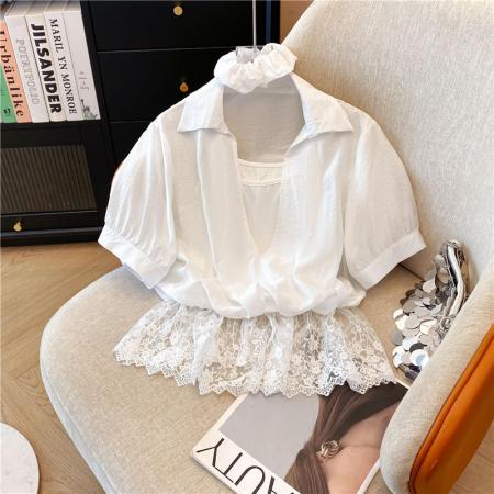 BY17210# 夏季韩版时尚气质宽松型设计感假两件套蕾丝拼接下摆带头花