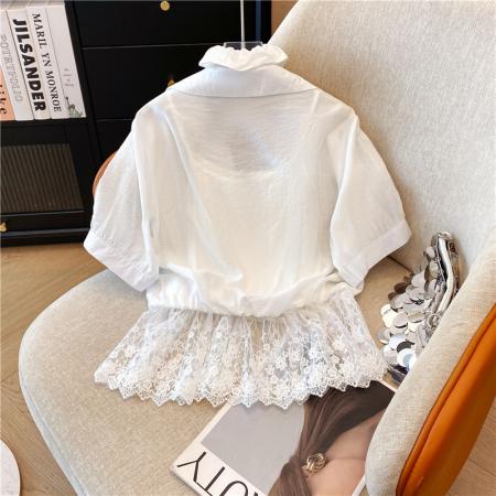 BY17210# 夏季韩版时尚气质宽松型设计感假两件套蕾丝拼接下摆带头花