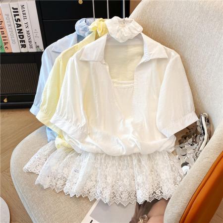 BY17210# 夏季韩版时尚气质宽松型设计感假两件套蕾丝拼接下摆带头花