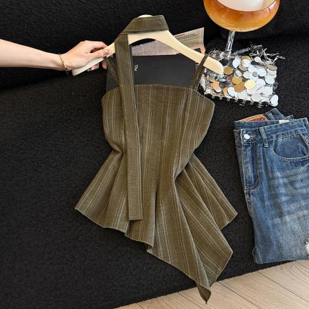 BY17211# 夏季条纹亚麻高级吊带法式复古不规则吊带