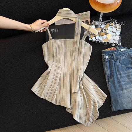 BY17211# 夏季条纹亚麻高级吊带法式复古不规则吊带