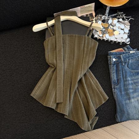 BY17211# 夏季条纹亚麻高级吊带法式复古不规则吊带