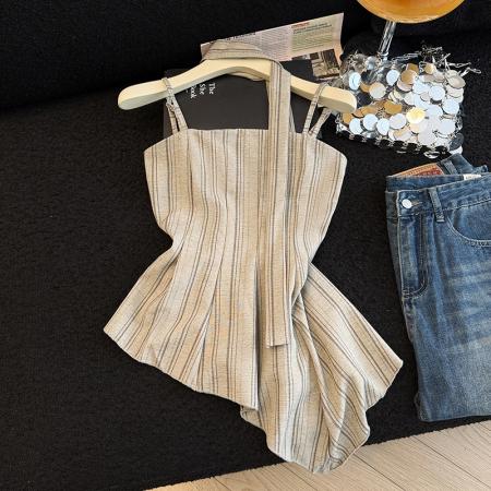 BY17211# 夏季条纹亚麻高级吊带法式复古不规则吊带