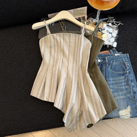 BY17211# 夏季条纹亚麻高级吊带法式复古不规则吊带