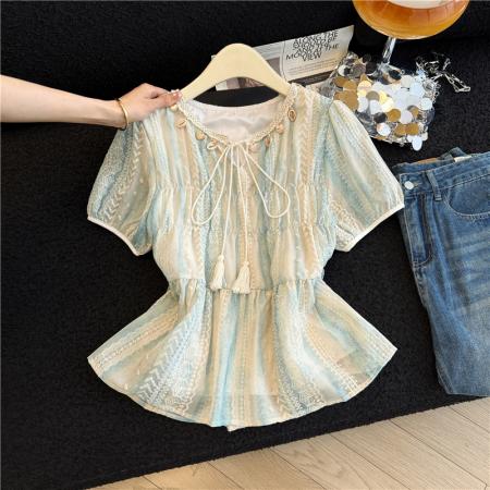 BY17212# 夏季设计感温柔气质小衫扎染撞色贝壳系带韩系短袖
